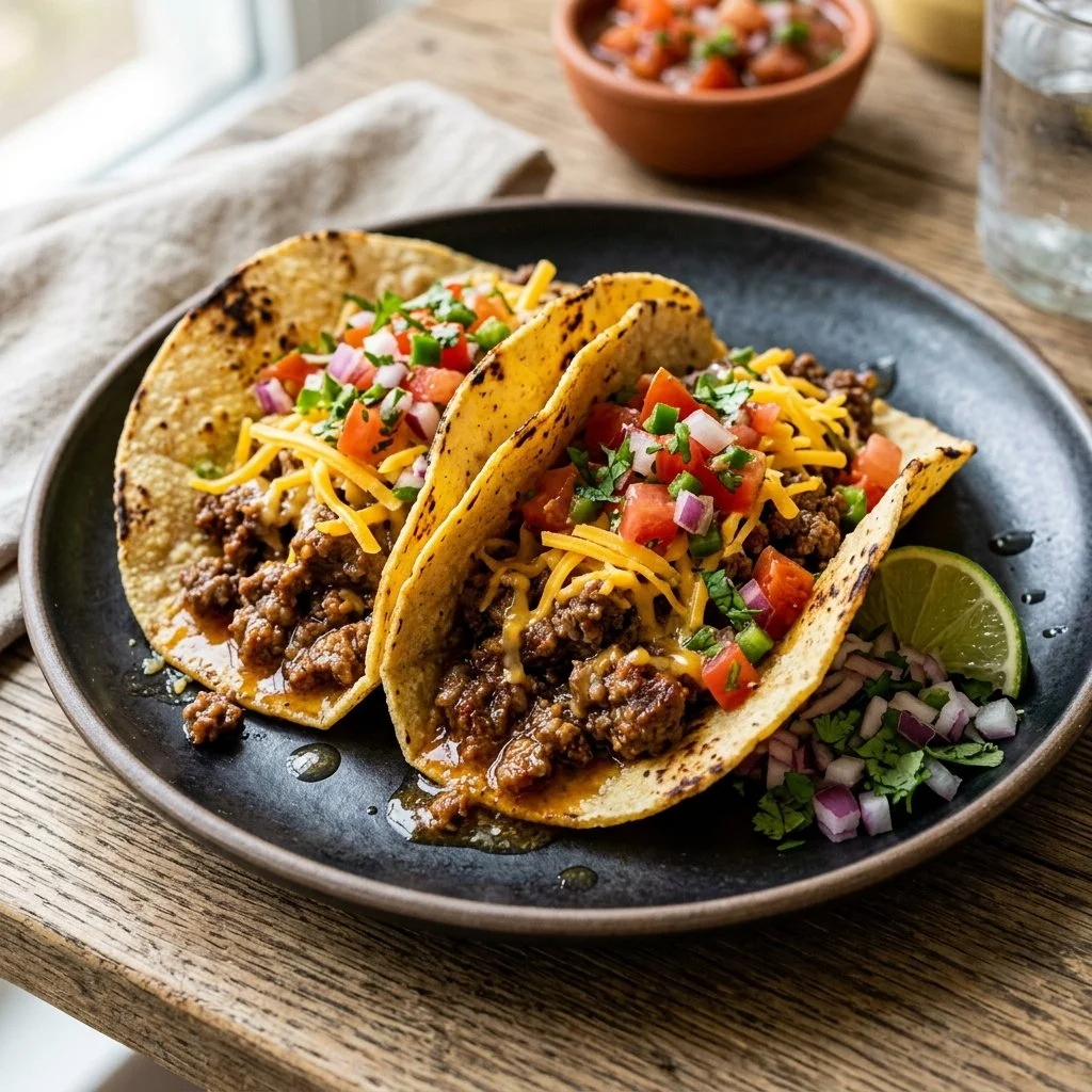 Delicious ground beef tacos served with fresh toppings and salsa.