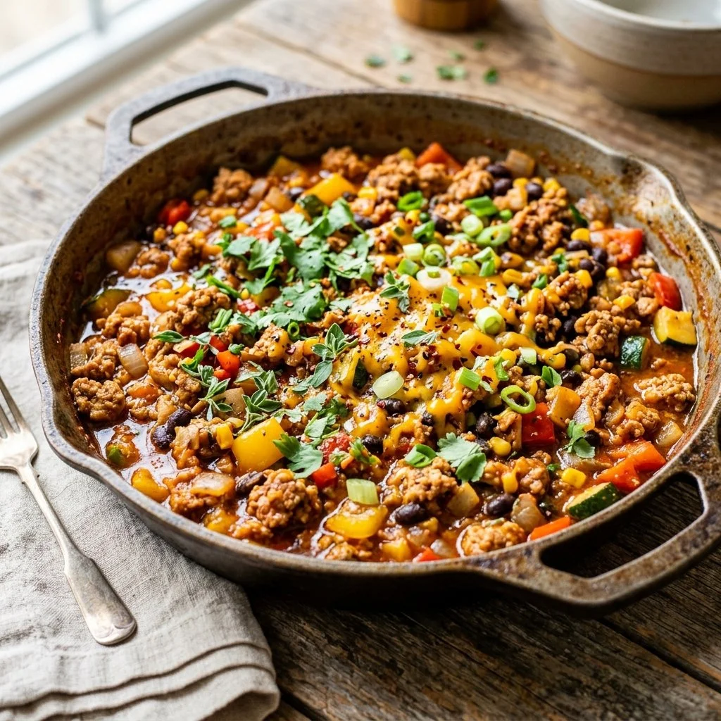 Delicious Ground Turkey Skillet recipe in a colorful frying pan