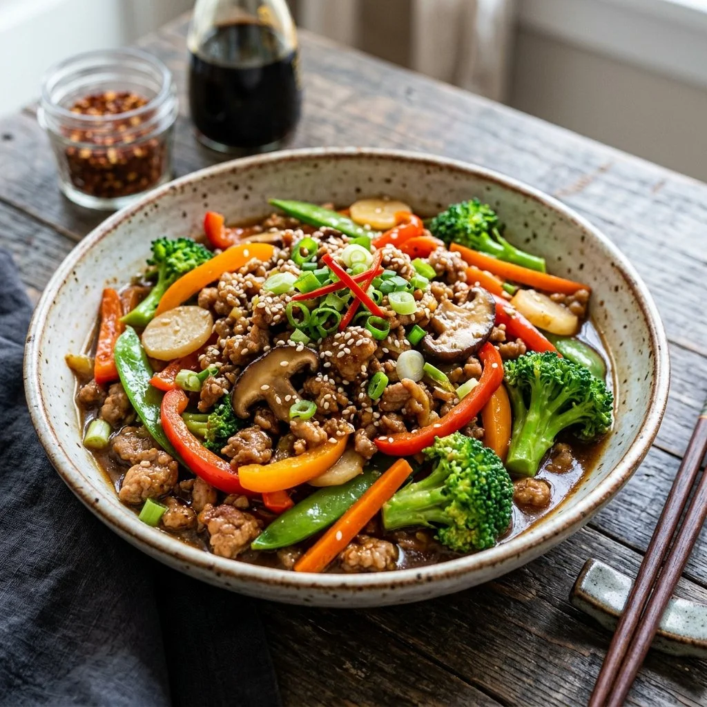 Ground Turkey Stir Fry served with colorful vegetables in a skillet