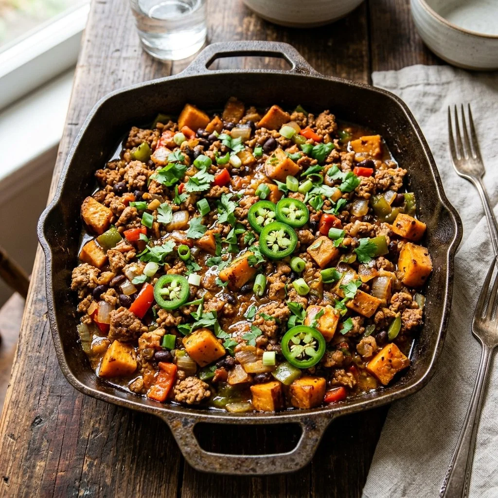Ground Turkey Sweet Potato Skillet dish served in a skillet.
