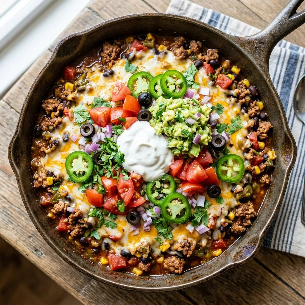 Ground Turkey Taco Skillet served with fresh toppings