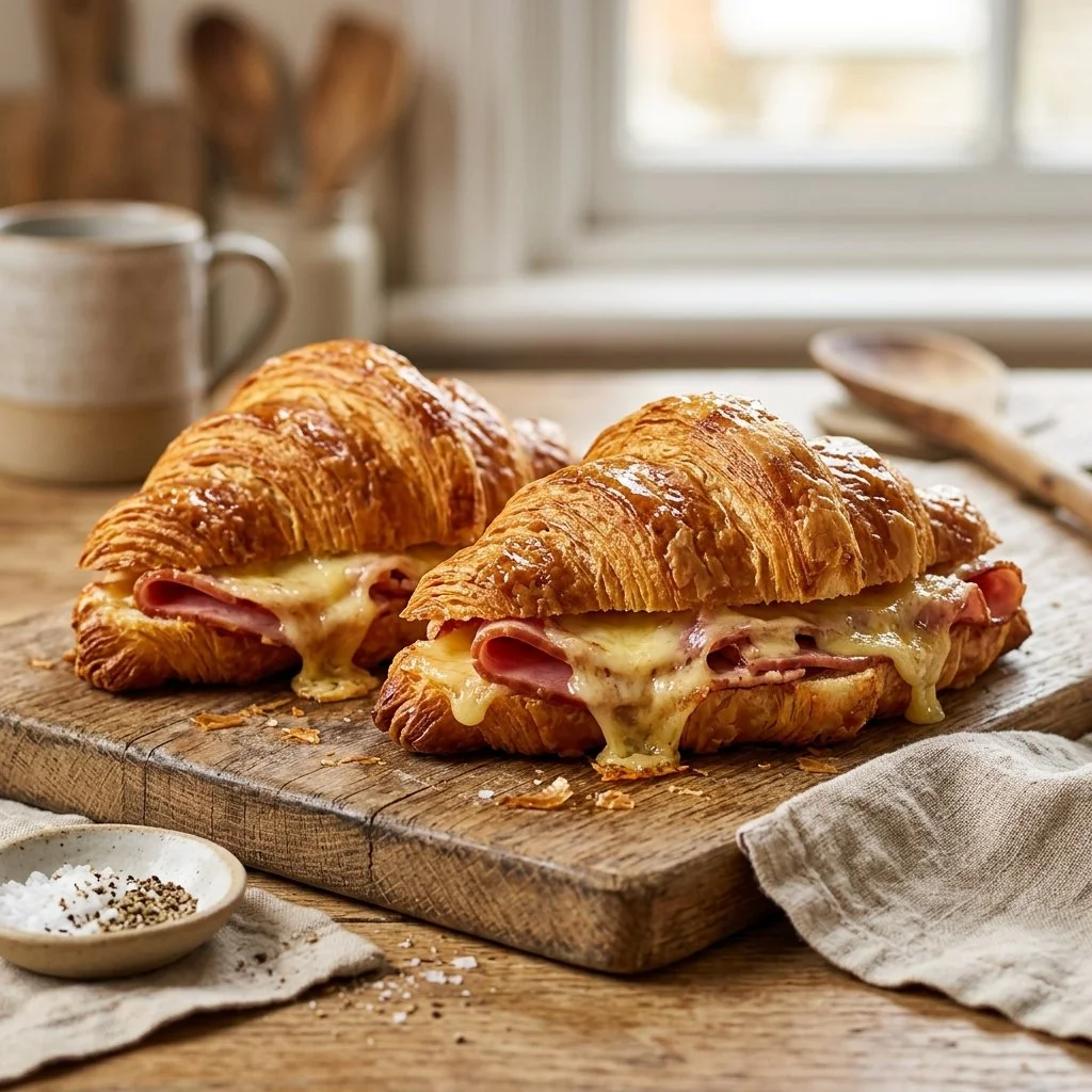 Freshly baked ham and cheese croissants on a wooden table