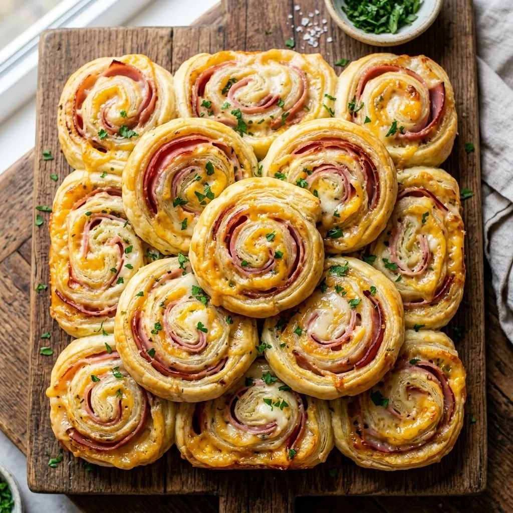 Delicious Ham and Cheese Pinwheels on a serving platter