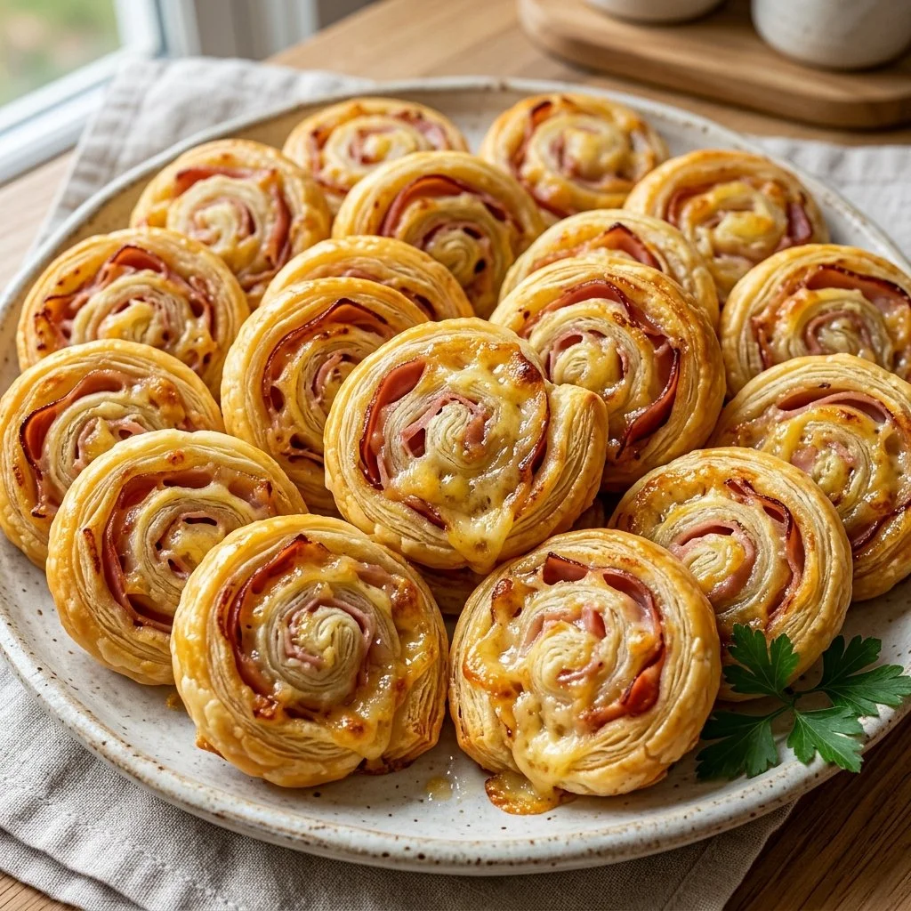 Ham and Cheese Pinwheels served on a plate