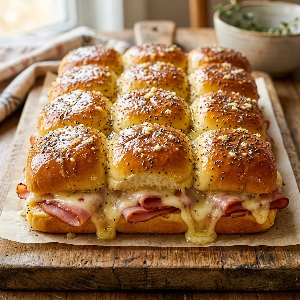 Delicious ham and cheese sliders served on a platter for parties