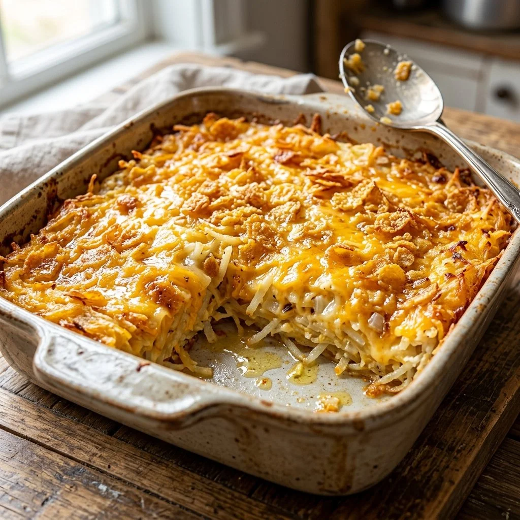 Delicious hashbrown casserole topped with cheese and crispy edges