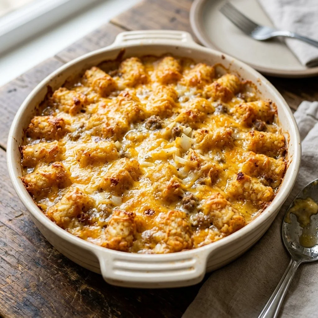Delicious Hashbrown Casserole served in a baking dish with golden crispy topping