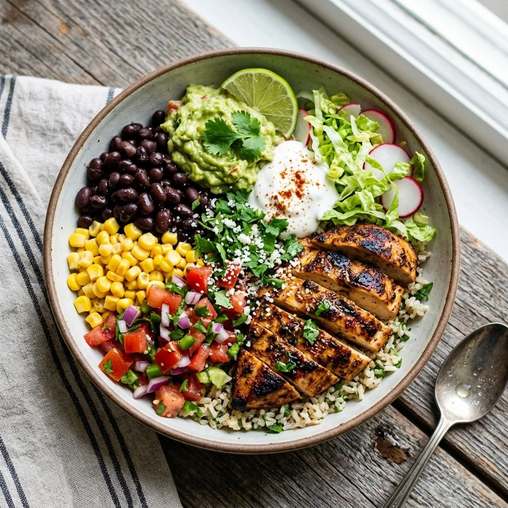 Healthy chicken burrito bowl with fresh vegetables and toppings