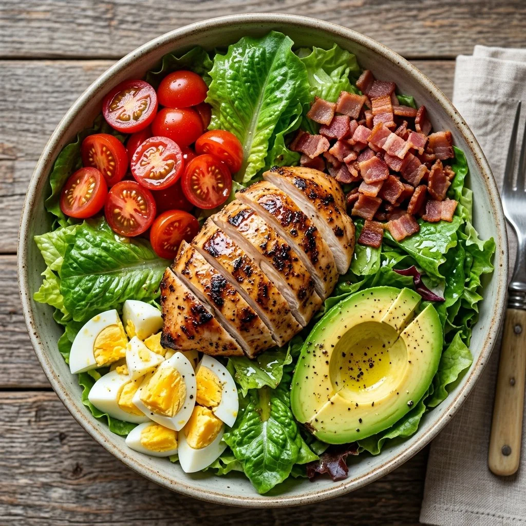 Healthy Chicken Cobb Salad with fresh vegetables and grilled chicken