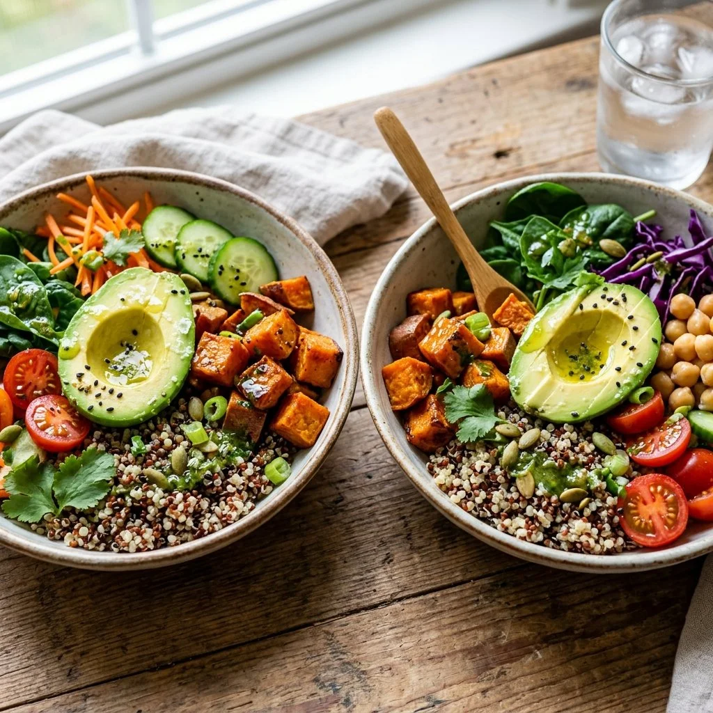 Colorful healthy quinoa power bowls with fresh vegetables and protein