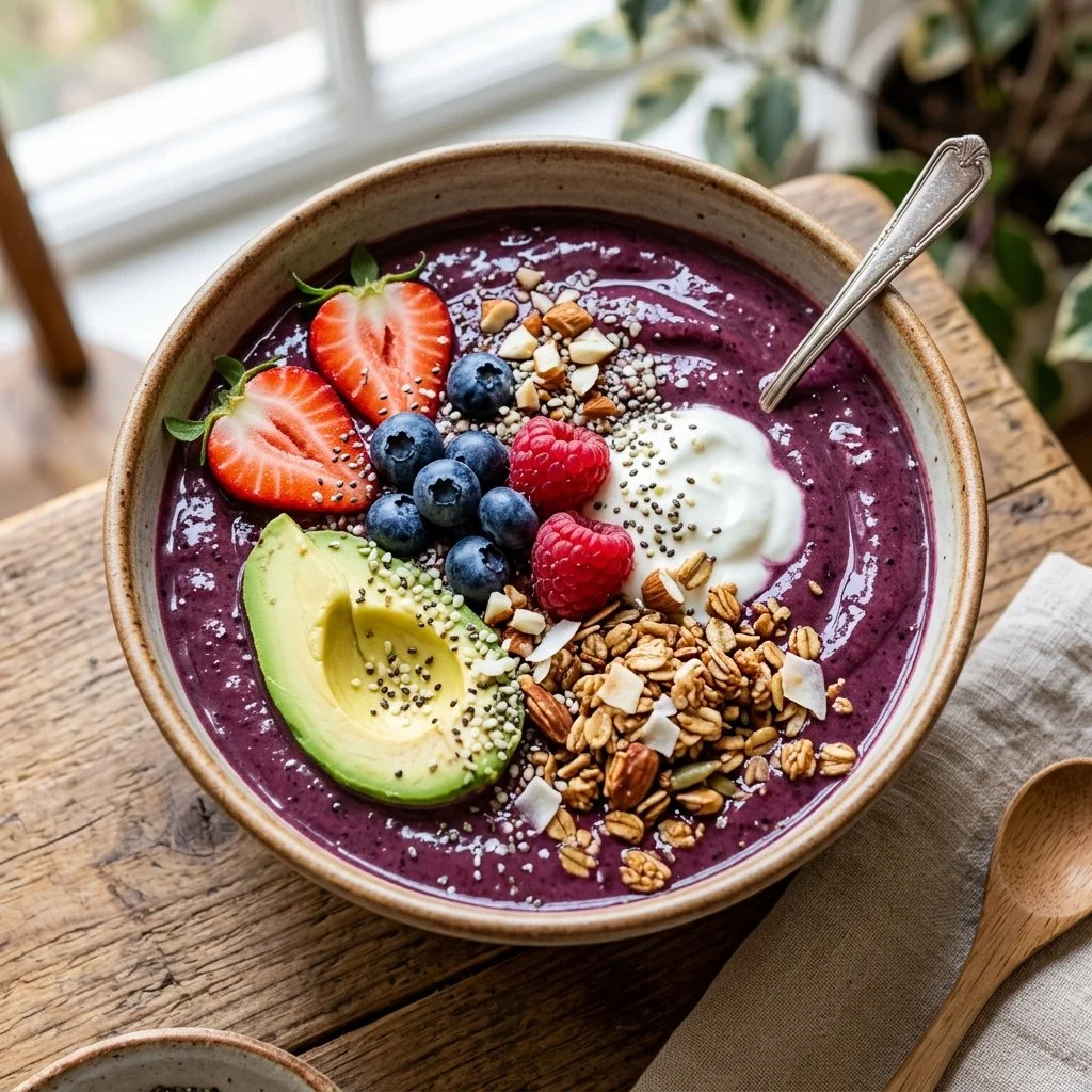 Colorful healthy smoothie bowls topped with fresh fruits and nuts