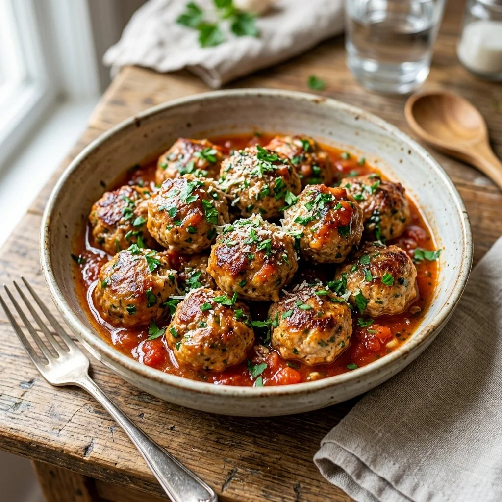 Plate of healthy turkey meatballs garnished with herbs