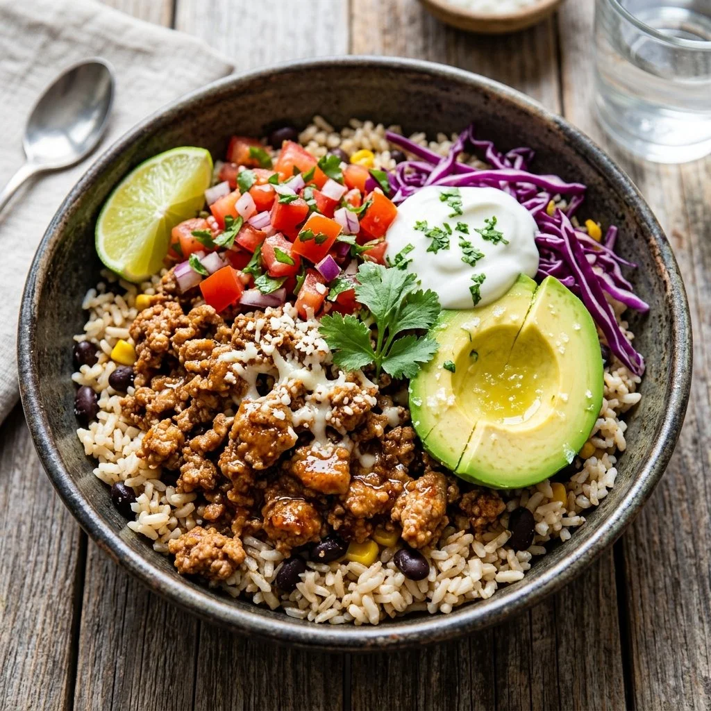 Healthy turkey taco bowl topped with fresh ingredients