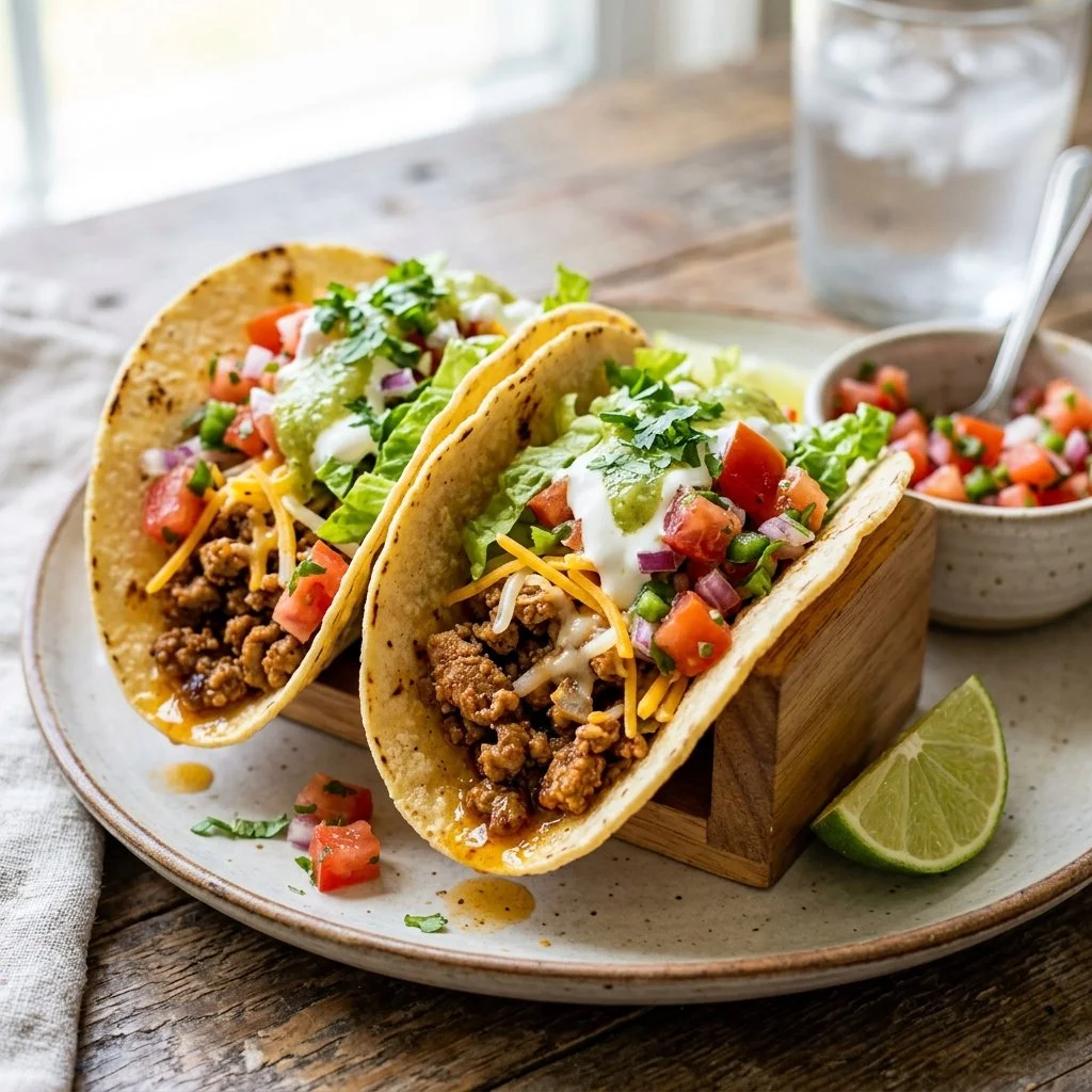 Healthy turkey tacos served on a plate with fresh toppings