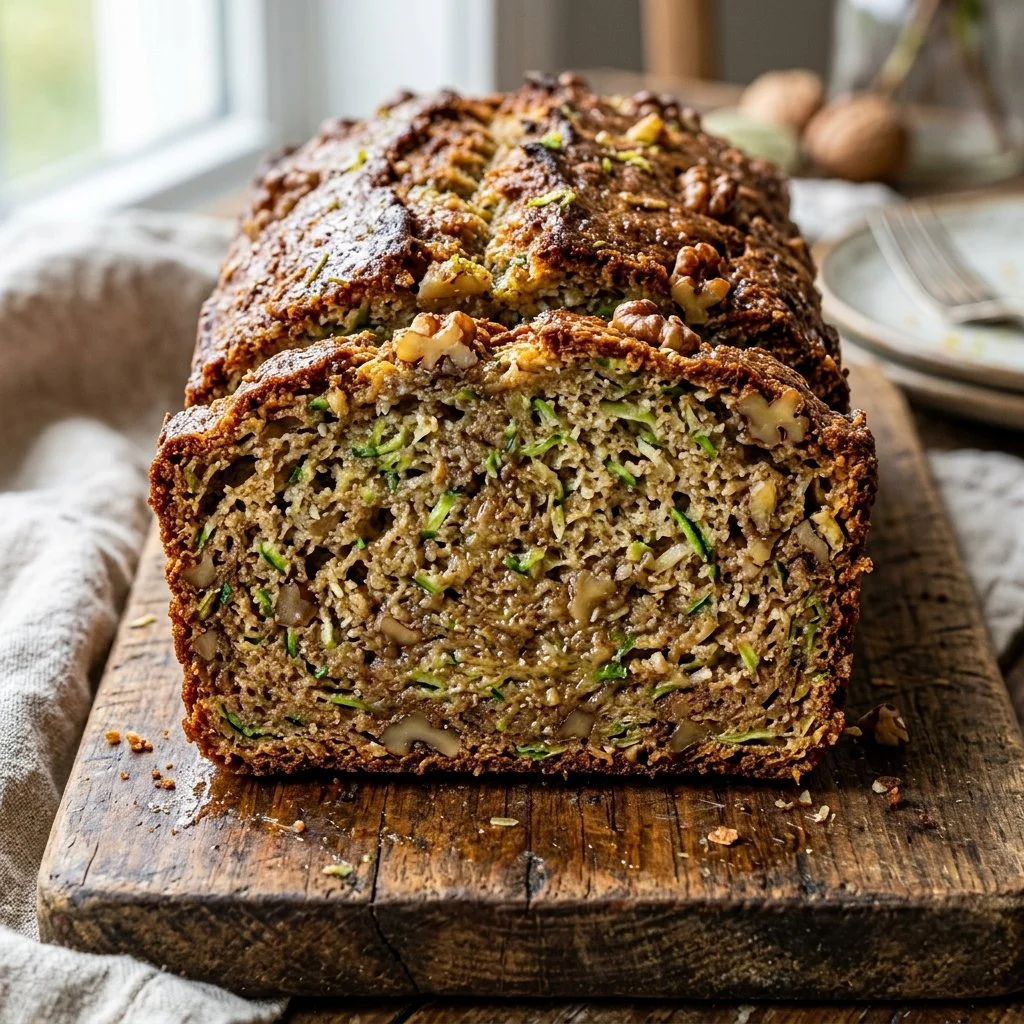 Slice of healthy zucchini bread topped with nuts and served on a plate