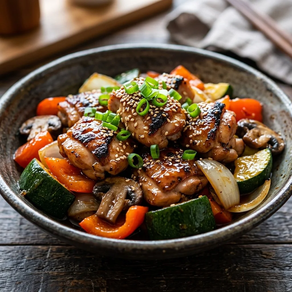 Grilled hibachi chicken served with vegetables and rice on a plate