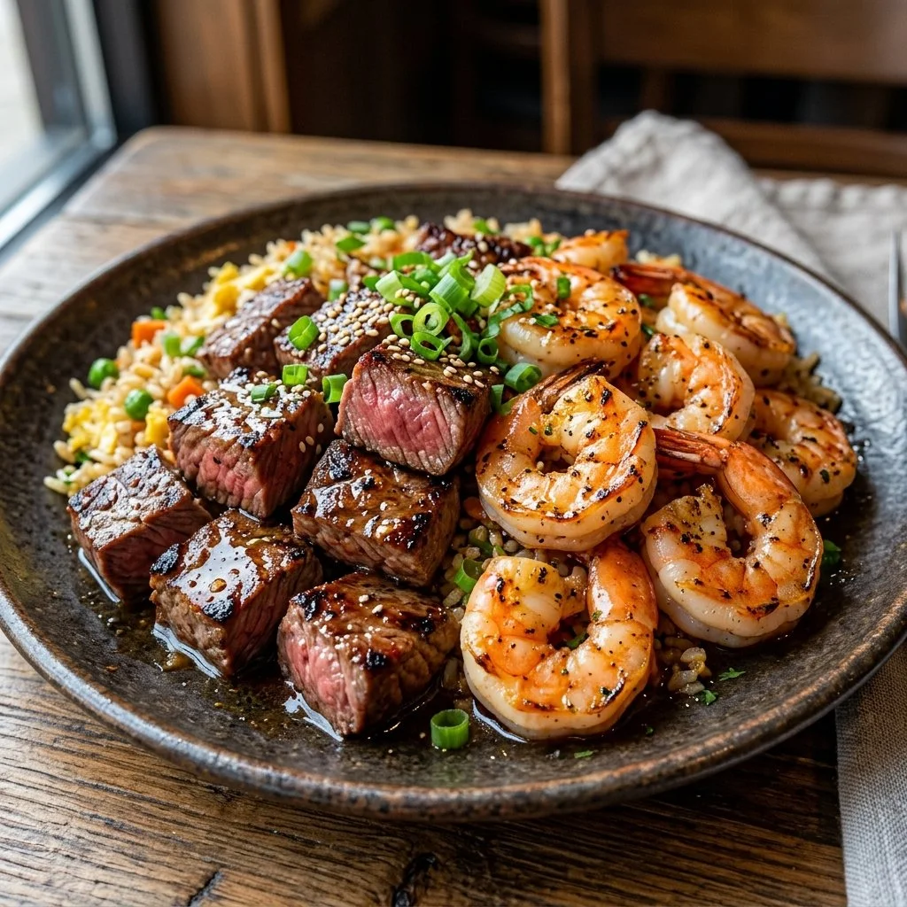 Delicious Hibachi Steak and Shrimp grilled to perfection with vegetables.