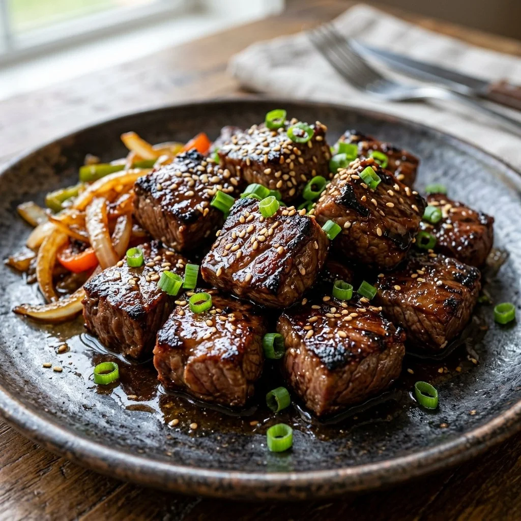 Delicious hibachi steak bites served with dipping sauce and vegetables