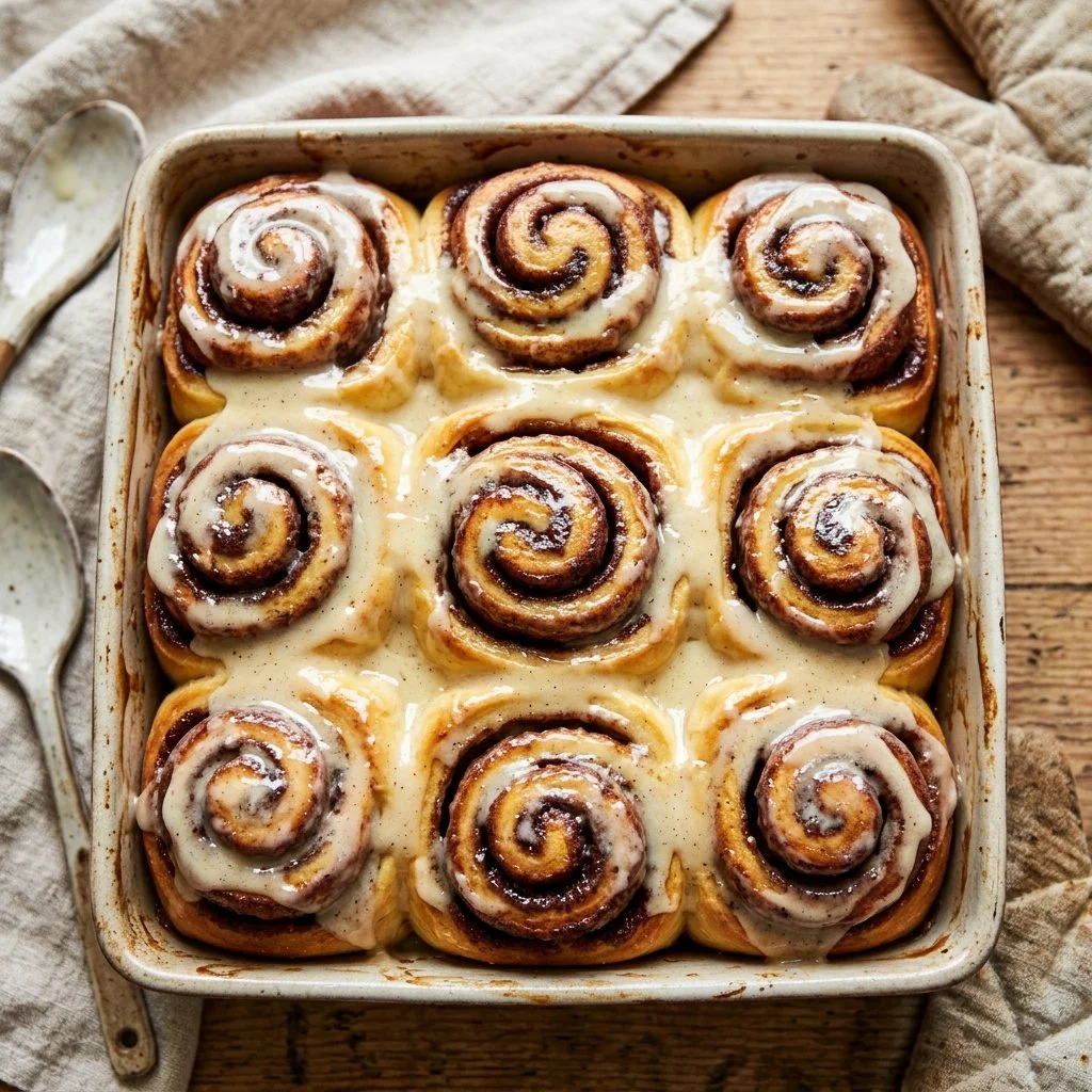 Freshly baked homemade cinnamon rolls with icing drizzle