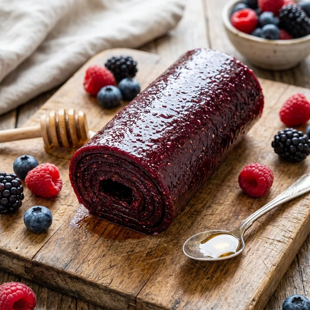 Homemade fruit leather made from blended fruit for a healthy snack option.