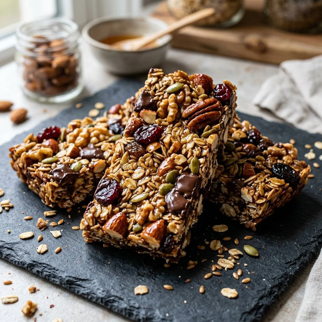 Homemade granola bars made with oats, nuts, and dried fruits