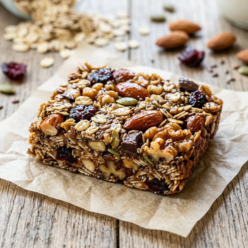 Homemade granola bars with nuts and dried fruits on a wooden table