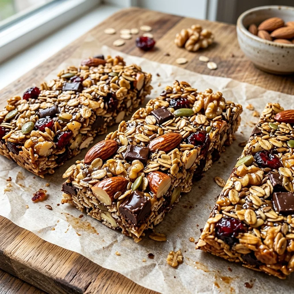 Homemade granola bars with nuts and dried fruits on a wooden table