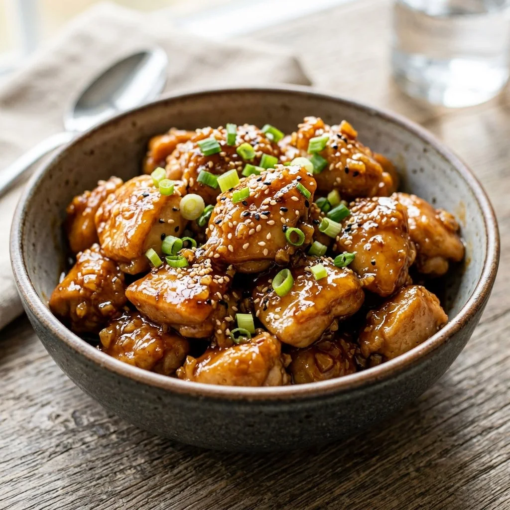 Plate of Honey Garlic Chicken garnished with green onions and sesame seeds