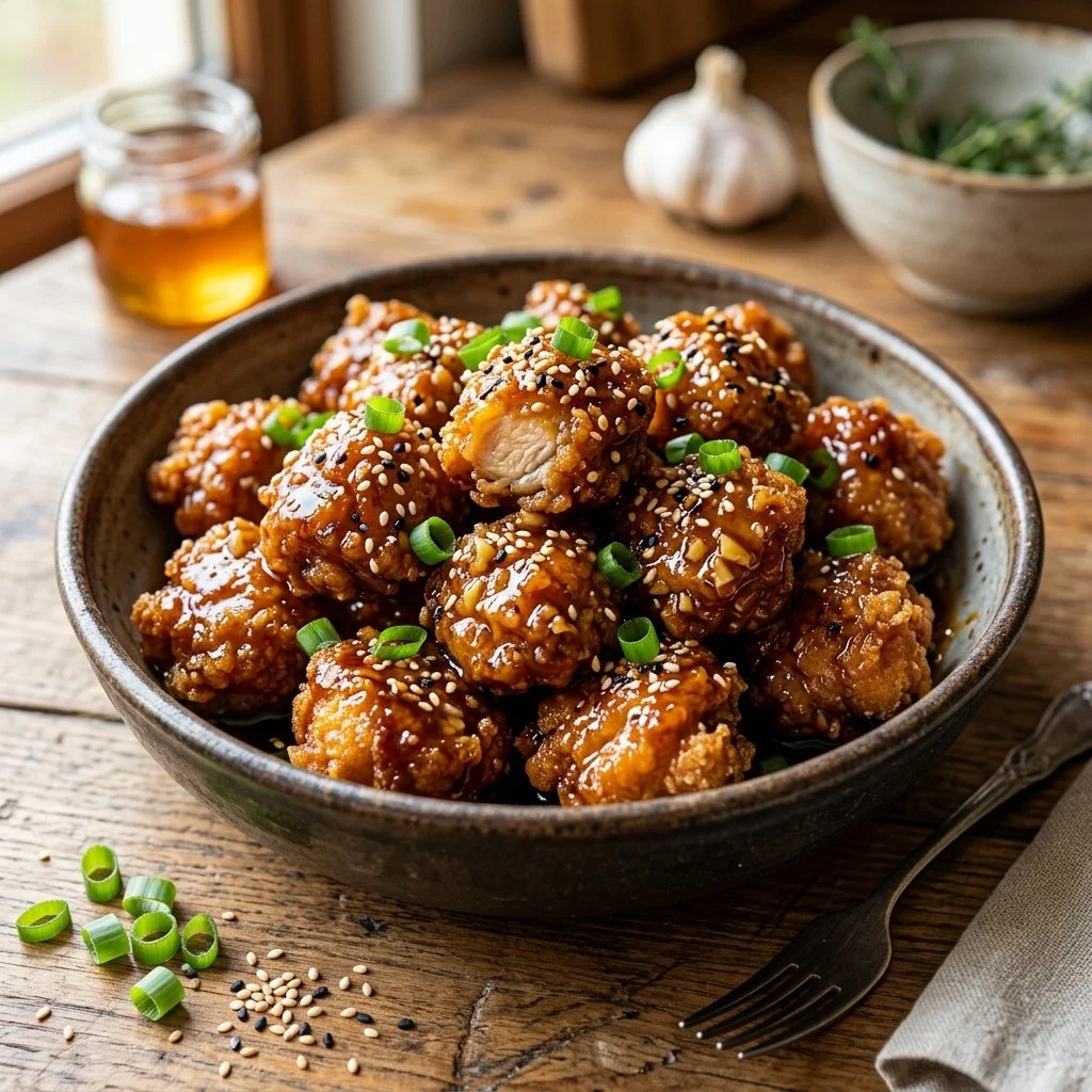 Delicious Honey Garlic Chicken Bites served on a platter with herbs