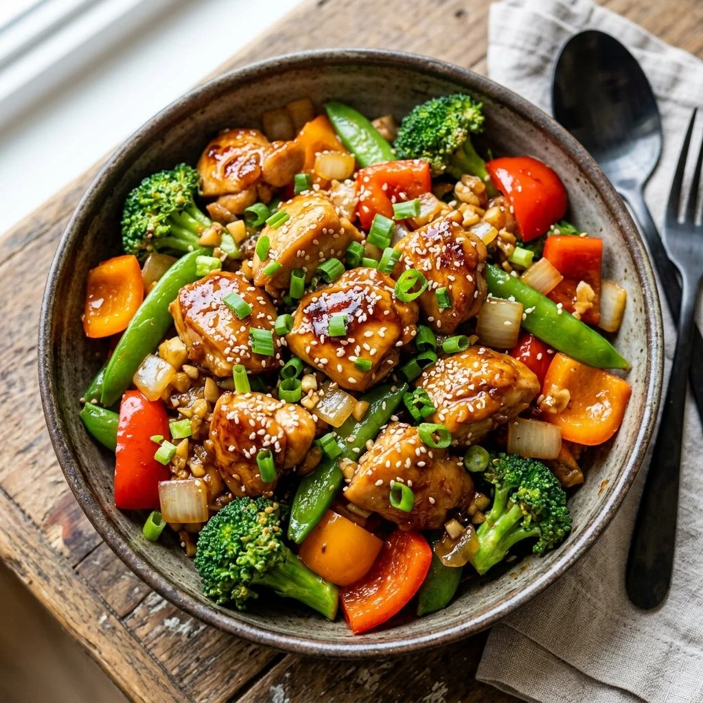 Honey garlic chicken stir fry with vibrant vegetables in a skillet