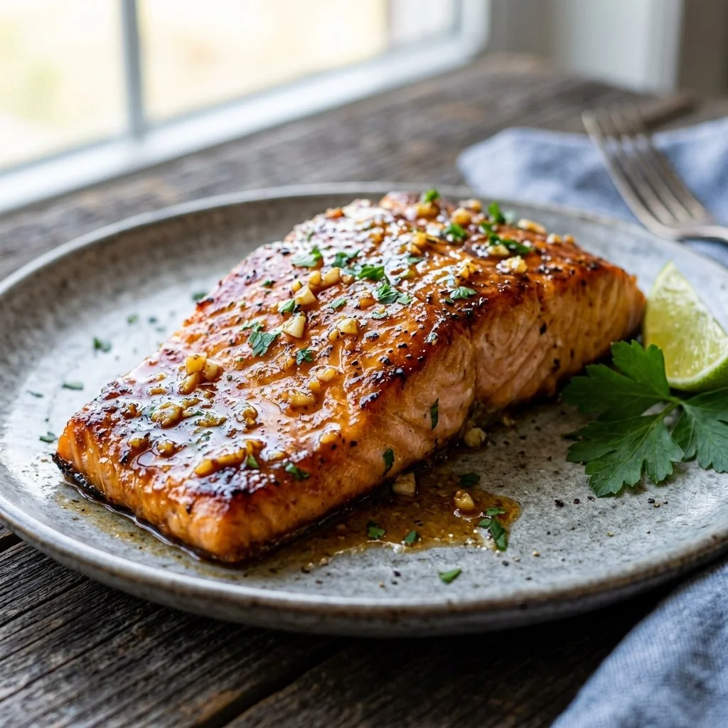 Delicious Honey Garlic Glazed Salmon served on a plate with vegetables