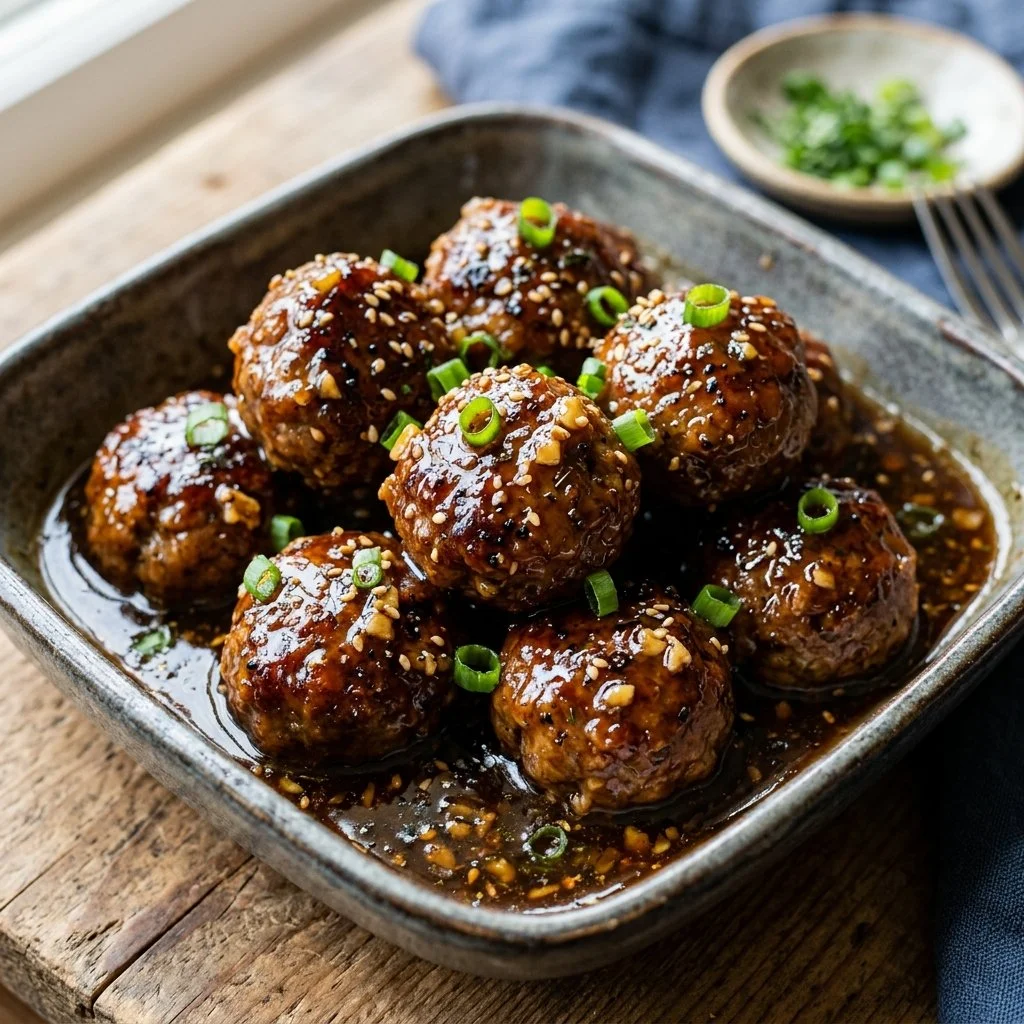 Honey Garlic Meatballs served on a plate with a glossy sauce