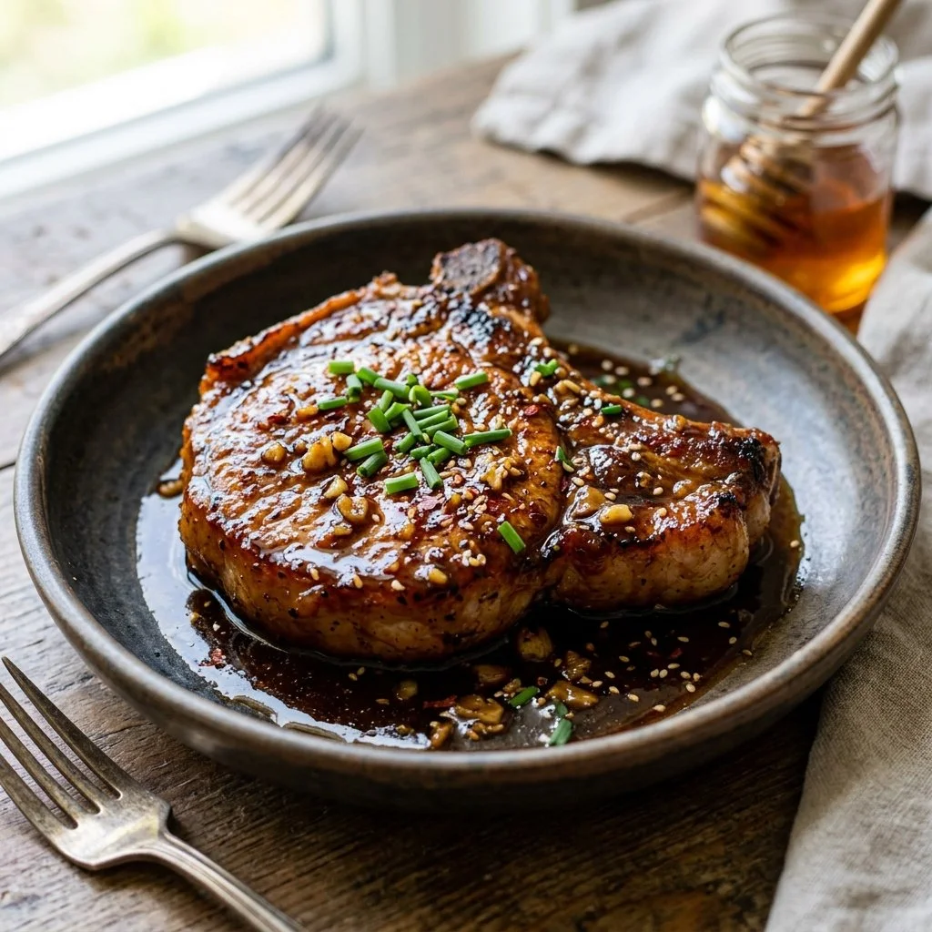 Honey Garlic Pork Chops served with vegetables on a plate