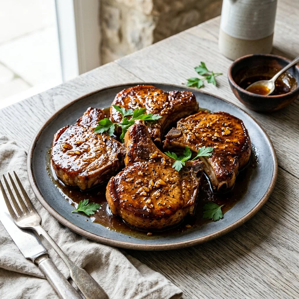 Delicious Honey Garlic Pork Chops served with vegetables on a plate