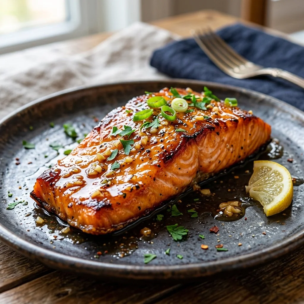 Plate of honey garlic salmon garnished with herbs and served with vegetables
