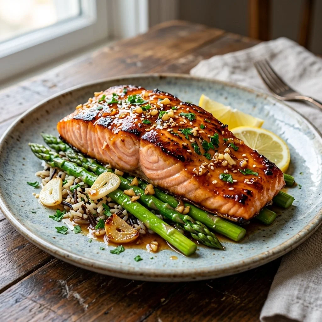 Delicious Honey Garlic Salmon fillet served with vegetables