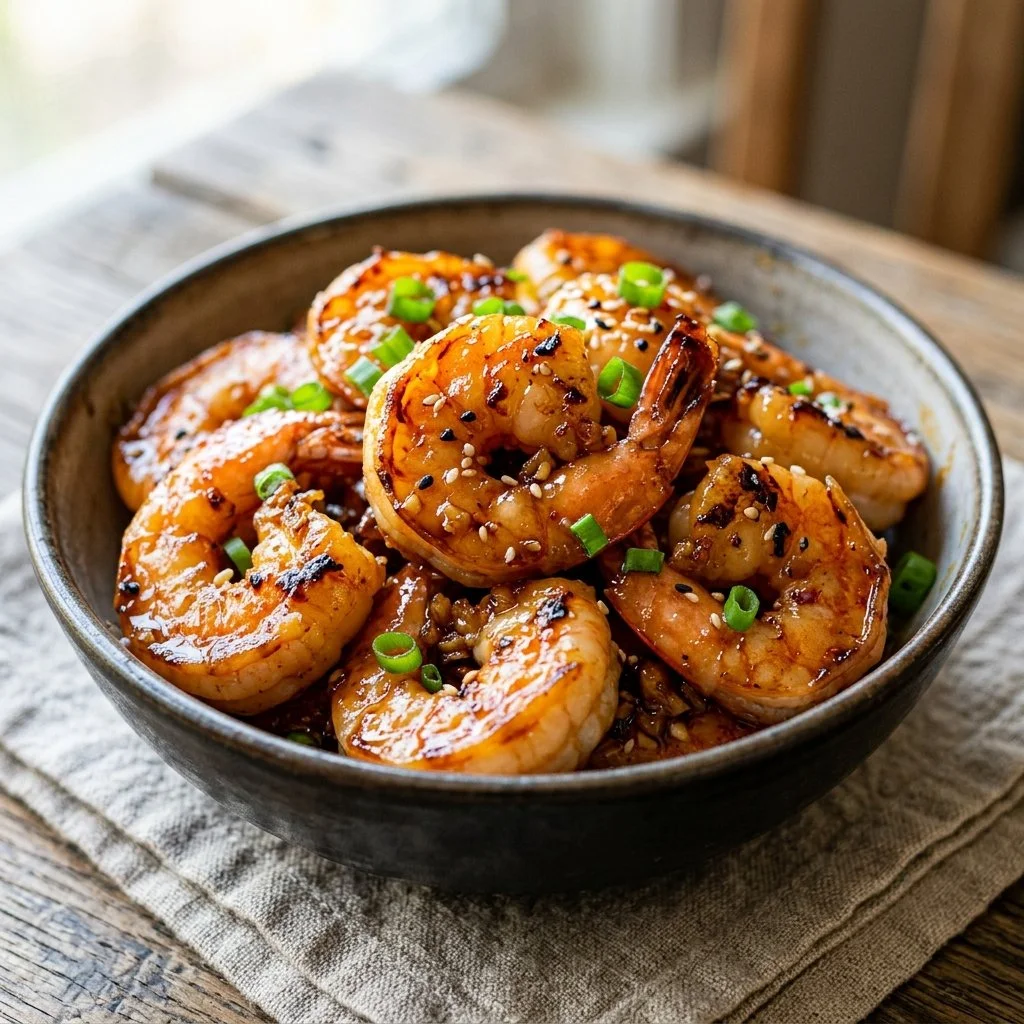 Delicious plate of honey garlic shrimp garnished with green onions and sesame seeds.