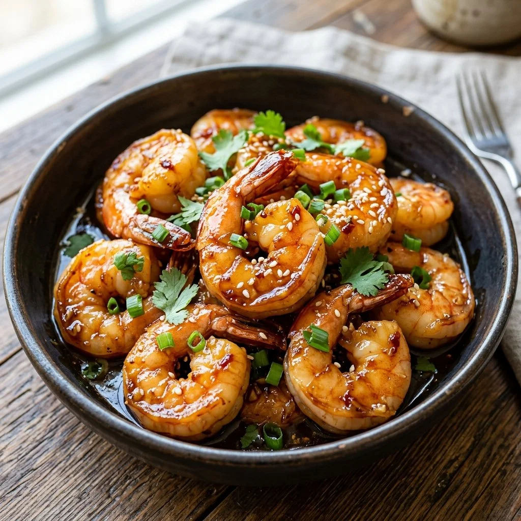 Plate of honey garlic shrimp garnished with green onions and sesame seeds