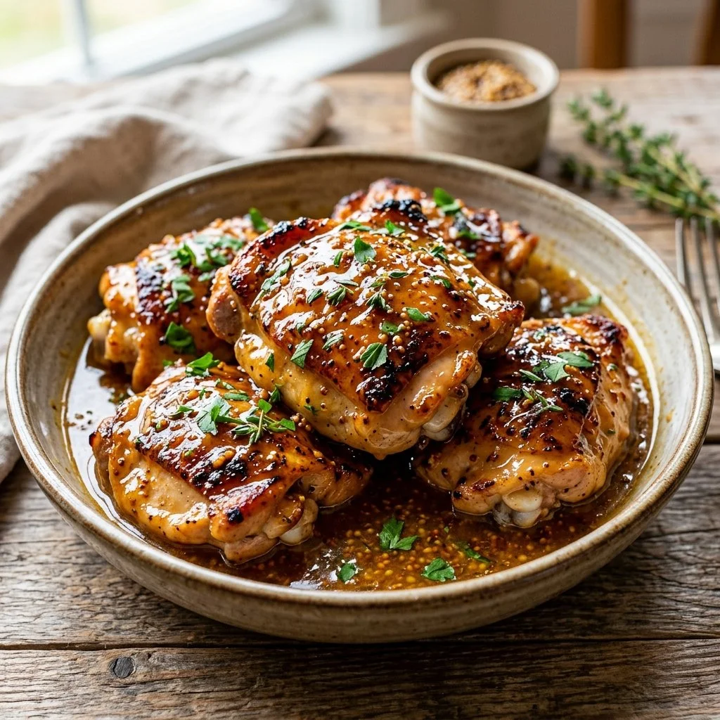 Plate of honey mustard chicken served with vegetables