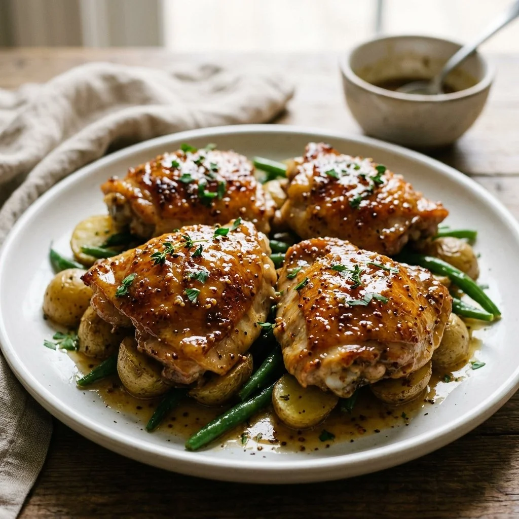 Honey mustard chicken thighs garnished with herbs on a plate