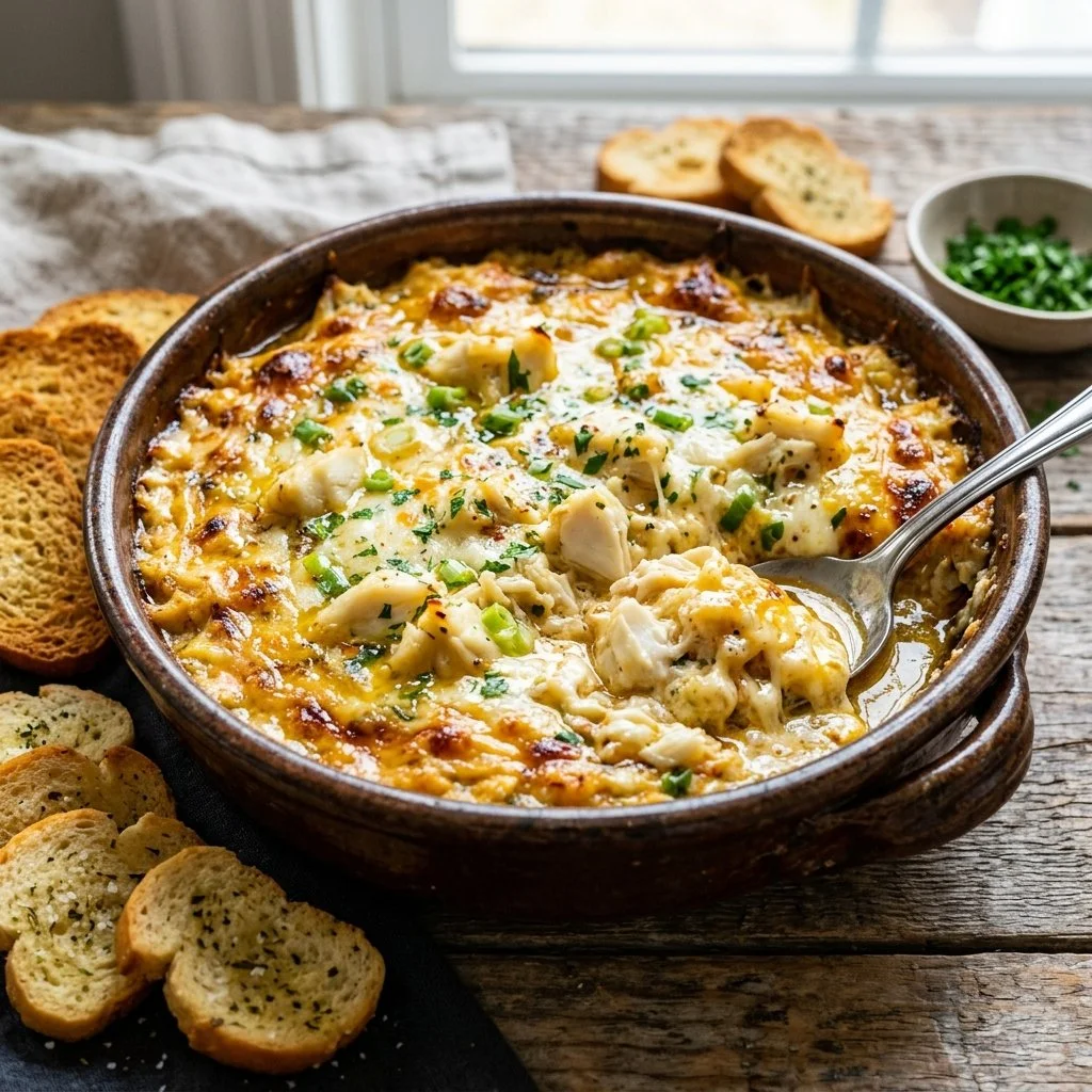 Delicious hot crab dip served with crackers and garnished with herbs.