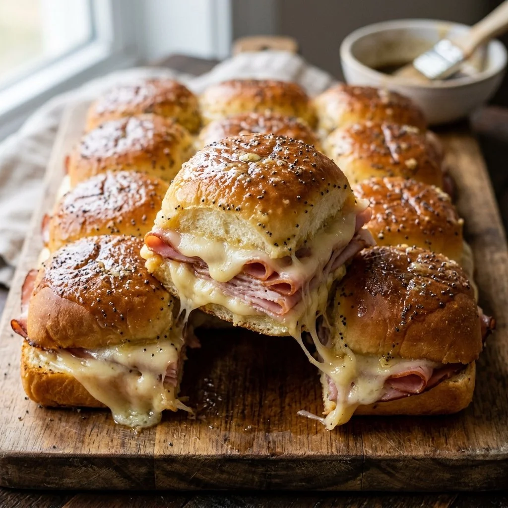 Hot ham and cheese sliders fresh out of the oven, perfect for parties and gatherings.