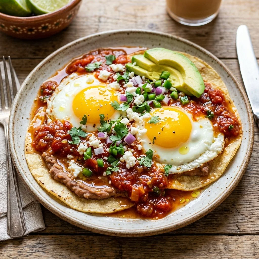 Delicious Huevos Rancheros with eggs, salsa, and tortillas on a plate