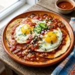 Delicious Huevos Rancheros served with eggs, salsa, and tortillas on a plate.