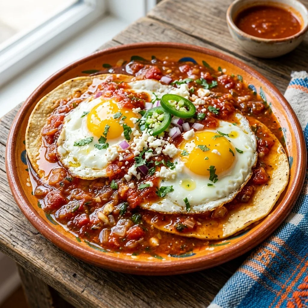 Delicious Huevos Rancheros served with eggs, salsa, and tortillas on a plate.