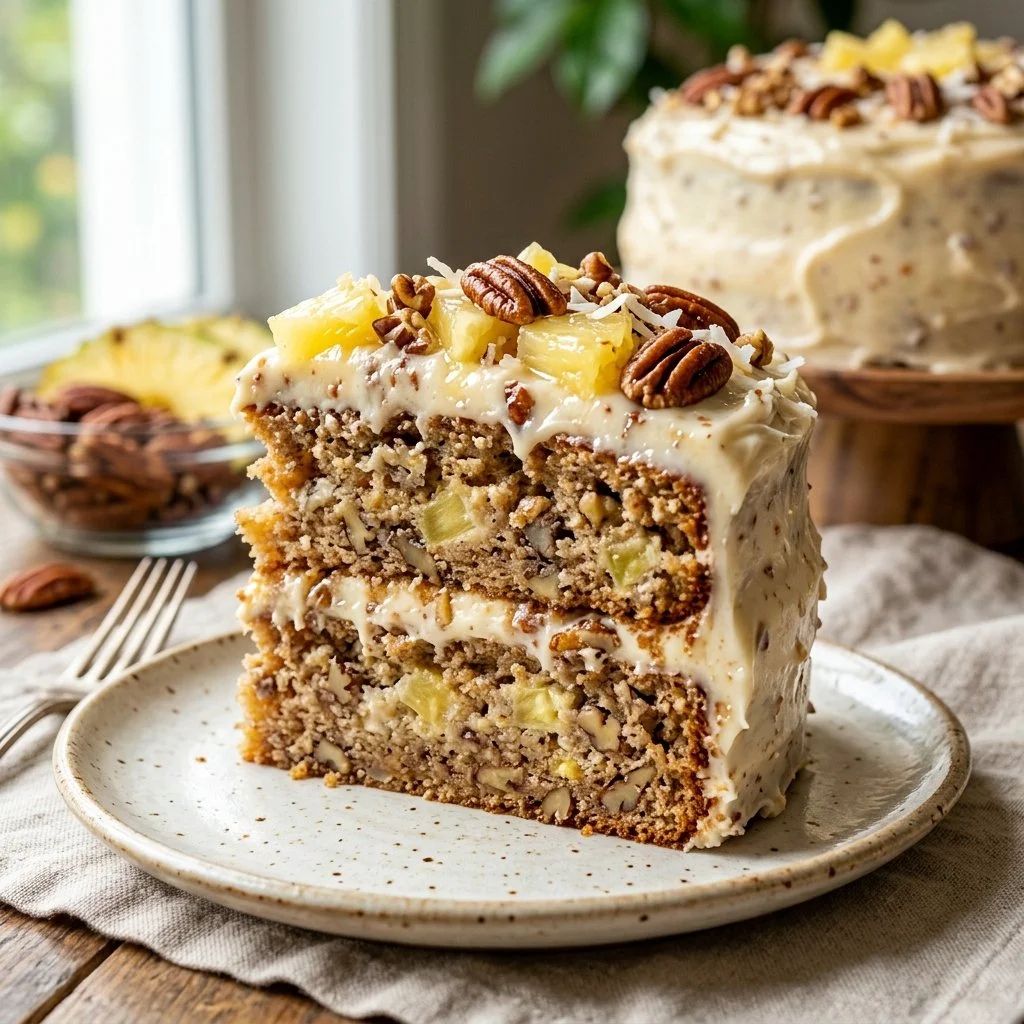 Delicious slice of Hummingbird Cake topped with cream cheese frosting