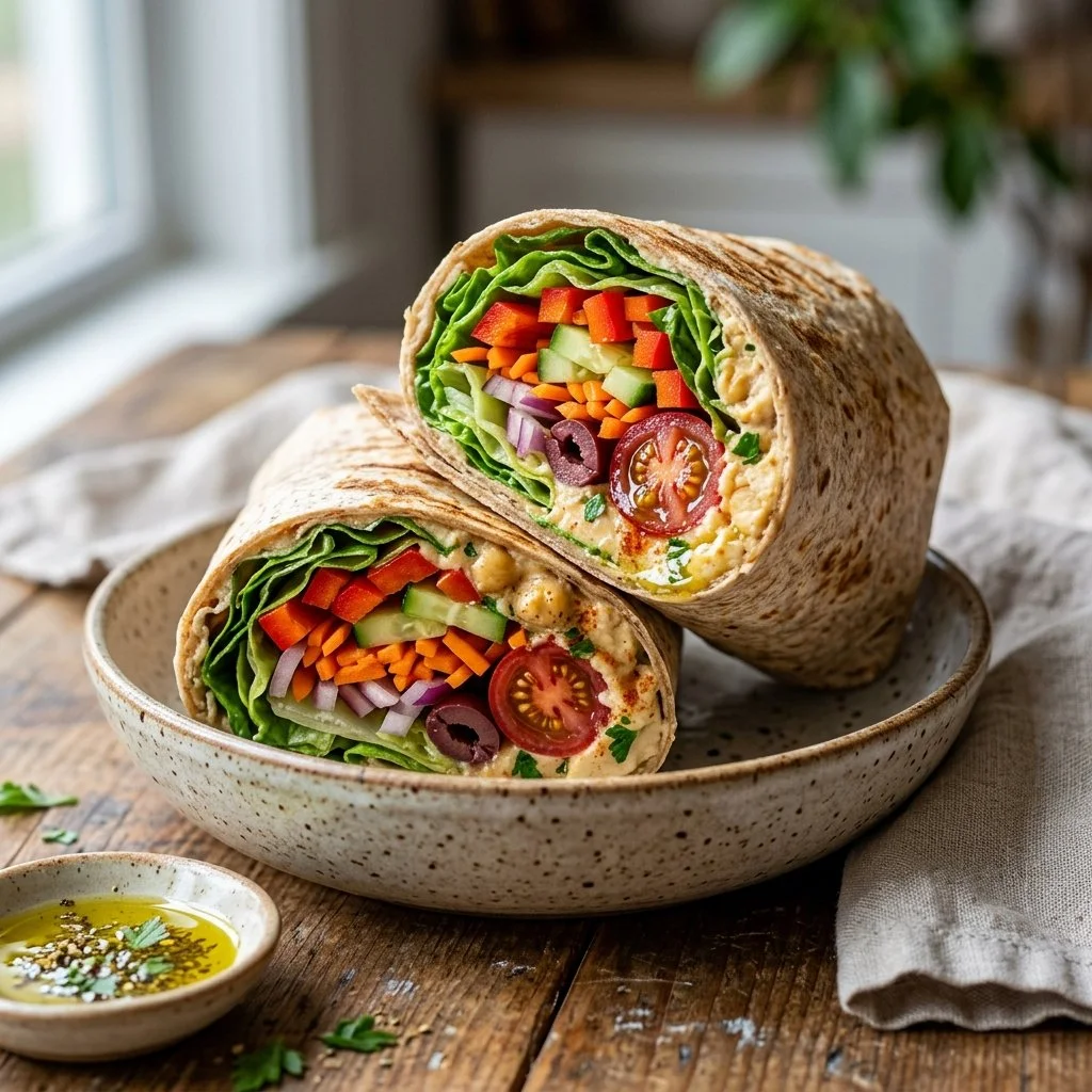 Delicious hummus veggie wrap filled with fresh vegetables and wrapped in a tortilla