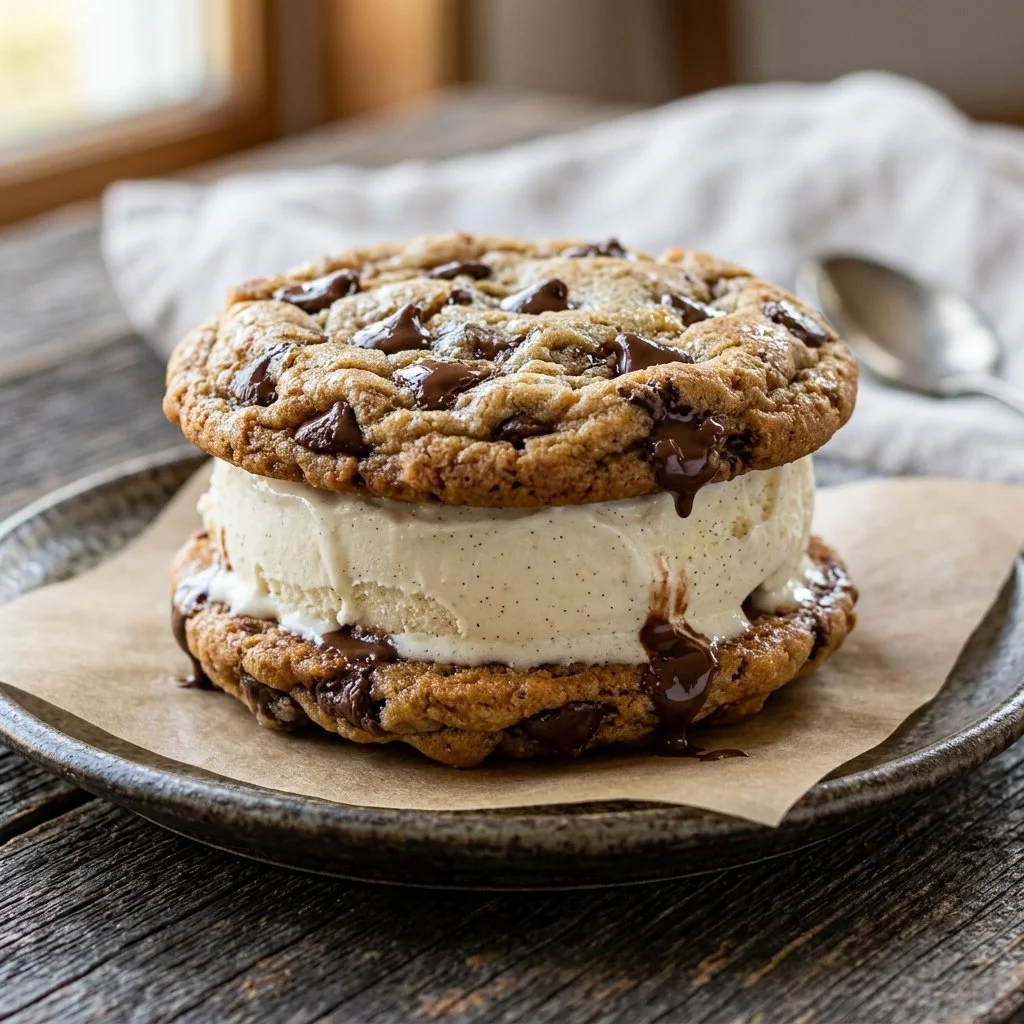 Delicious homemade ice cream sandwich with chocolate cookies and vanilla ice cream
