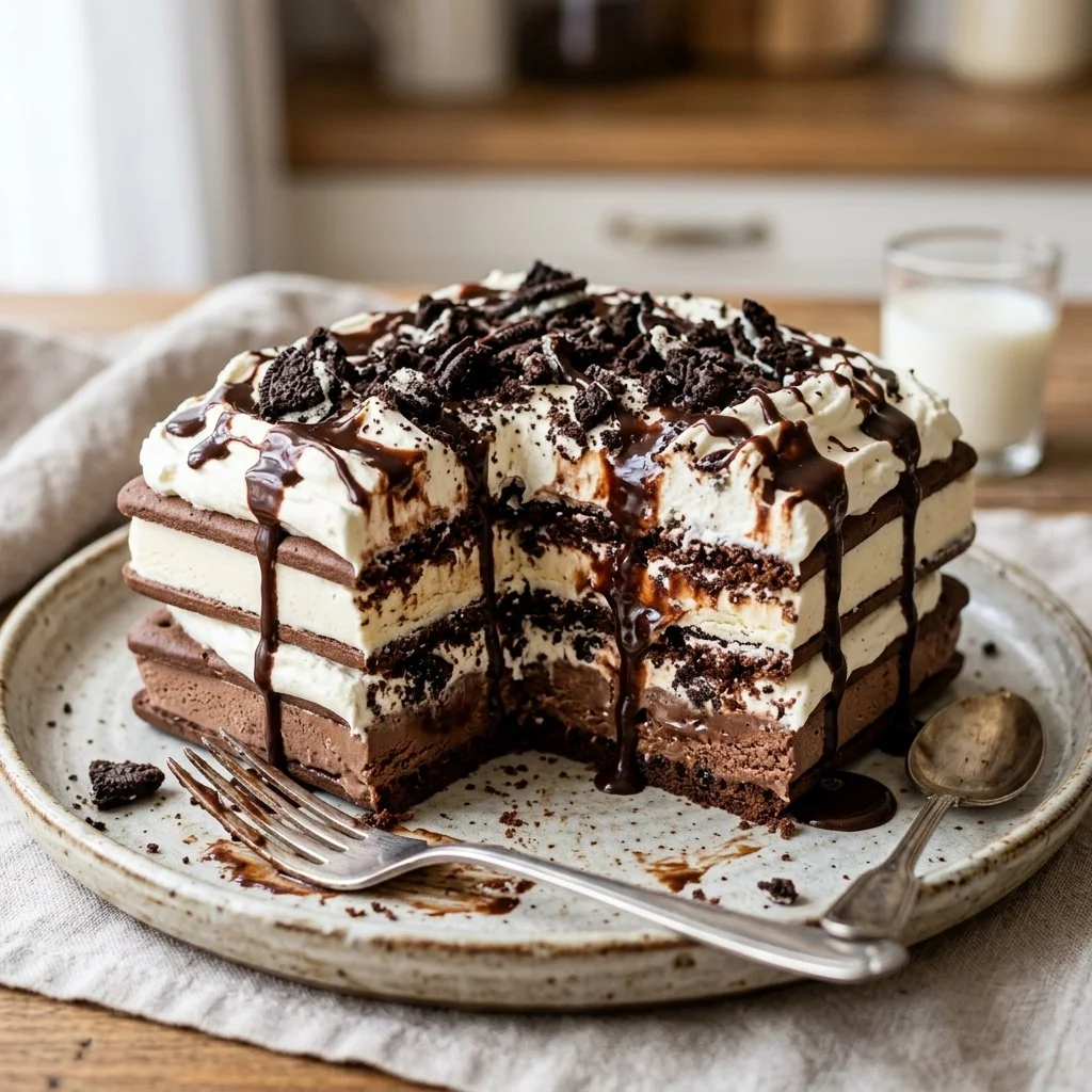 Delicious Ice Cream Sandwich Cake layered with chocolate and vanilla ice cream