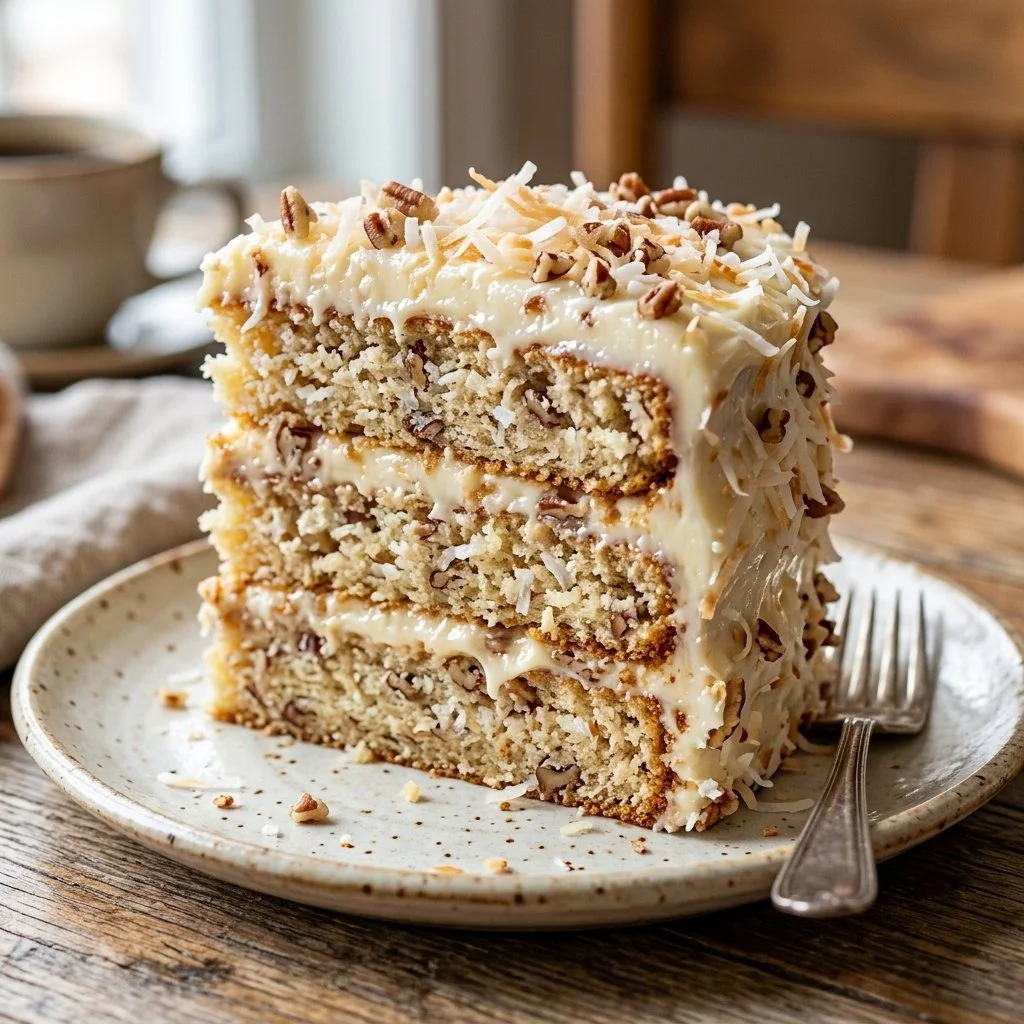 Delicious slice of Italian Cream Cake topped with cream cheese frosting and coconut flakes